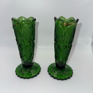 Pair of Antique US Glass Co. Green Footed Trumpet Bud Vases, EAPG, OMN 16019